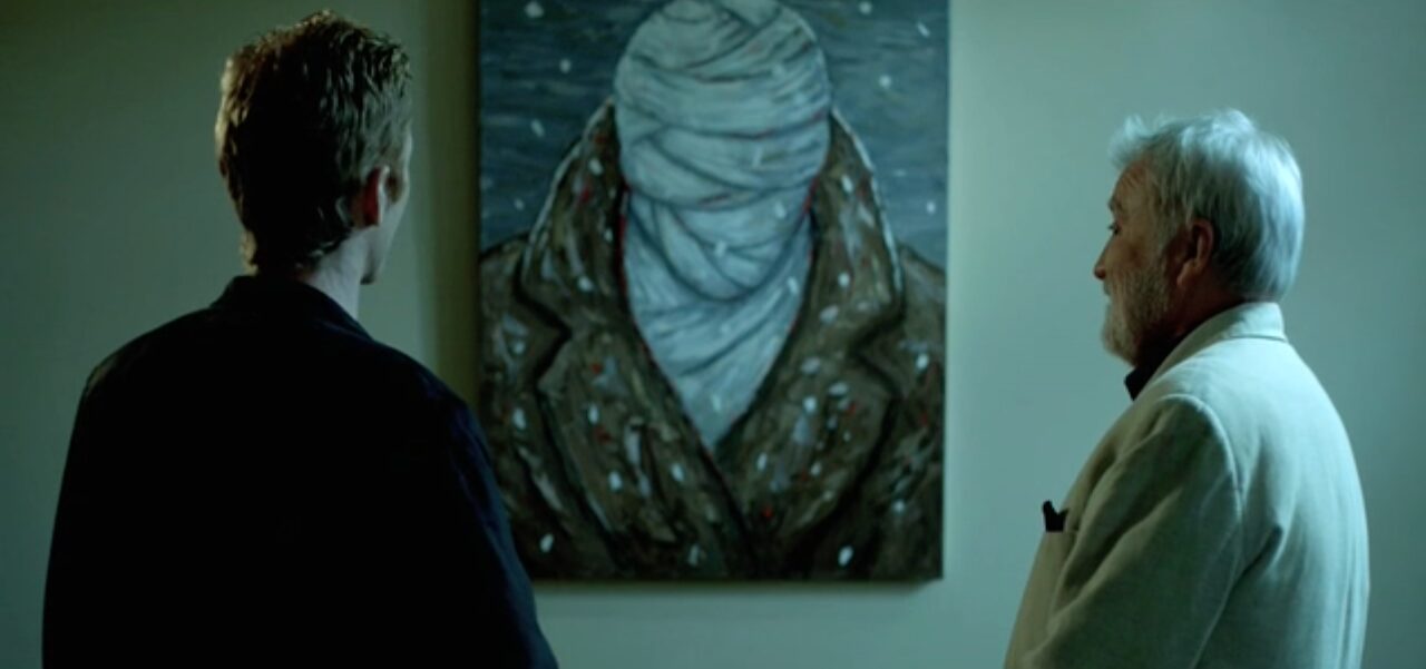 A scene from Possession(s), with two men viewing the Peter Booth artwork featured in the short